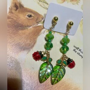 Green Leaf and Ladybug Earrings